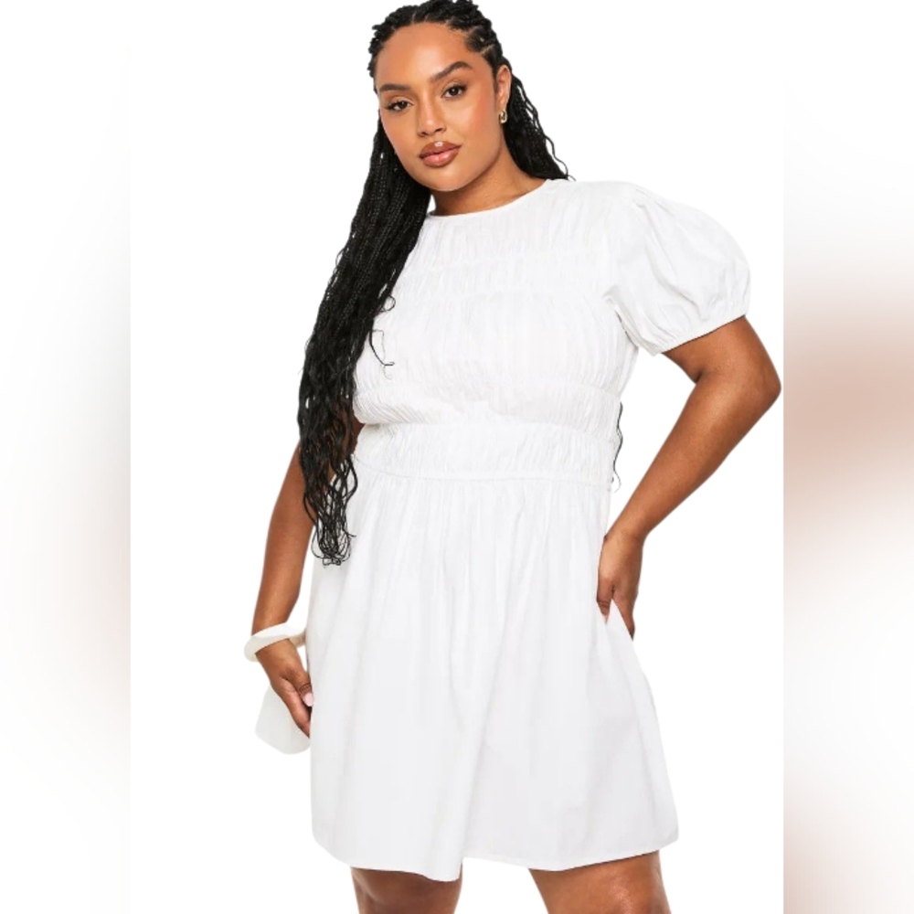 Boohoo Plus Cotton Shirred Elegant White Puff Sleeve Skater Dress Size 22 BNWT